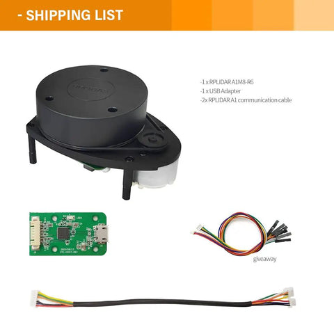 RPLIDAR A1M8 360 Degree Lidar Sensor For Robot Obstacle Avoidance And Maker Education shown with USB adapter and cables