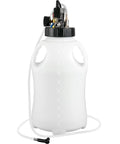 Front view of VEVOR 2-way transmission fluid refill pump with a 10 L white plastic reservoir, top pump assembly and clear hose