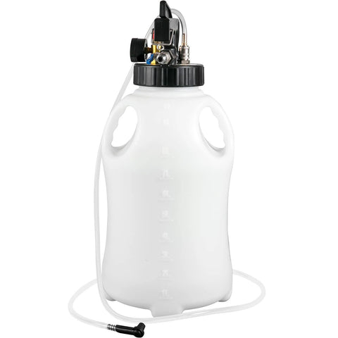Front view of VEVOR 2-way transmission fluid refill pump with a 10 L white plastic reservoir, top pump assembly and clear hose