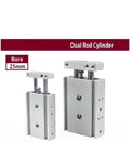 Plug And Play Double Rod Pneumatic Cylinder Mounted On Low Friction Sliding Bearings For Dead Nuts Push Pull Reliability And Silky Smooth Linear Action Across Bustling Shop Floors, 25mm bore size.