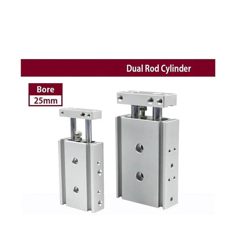 Plug And Play Double Rod Pneumatic Cylinder Mounted On Low Friction Sliding Bearings For Dead Nuts Push Pull Reliability And Silky Smooth Linear Action Across Bustling Shop Floors, 25mm bore size.