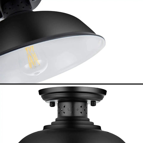 Close-up of a black metal semi flush mount ceiling light with an E26 base, part of a 2 Pack Semi Flush Mount Ceiling Light Fixtures Farmhouse Black Industrial Metal Cage Kitchen Hallway Entryway Bedroom Laundry Lights With E26 Base 13 Inch Wide Bulbs Not Included.