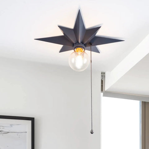 Black Star Flush Mount Ceiling Light With Pull Chain On Off Switch, Modern Mid Century Style Fixture for various rooms
