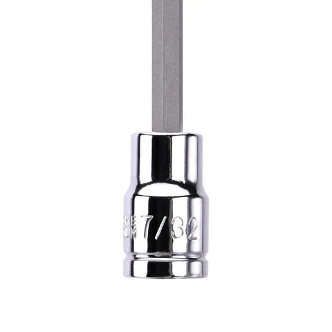 Close-up of chrome 7/32 inch socket from Three Eighth Inch Drive Long Hex Bit Socket Set 18 Piece With Deep Reach Hex Sockets.