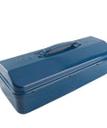 Heavy Duty Iron Toolbox With Extended Telescopic Handle Built Tough For Working Crews And Weekend Home Repair Tasks Blue Metallic Storage Container side view showing handle