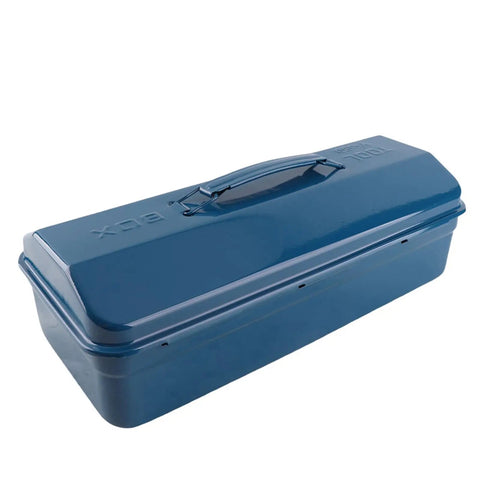 Heavy Duty Iron Toolbox With Extended Telescopic Handle Built Tough For Working Crews And Weekend Home Repair Tasks Blue Metallic Storage Container side view showing handle