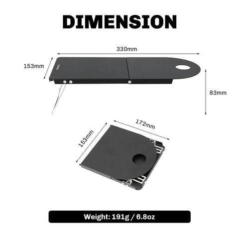 Featherweight Ultralight Folding Camp Table for Solo Camping and Backpacking, dimensions 330x153x83mm, compact aluminum alloy build.