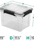 3 Pack 19 Quart Waterproof Storage Bins IP68 Clear Plastic Totes With Gasket Sealed Lids dimensions 15x11.875x10.625 inches.