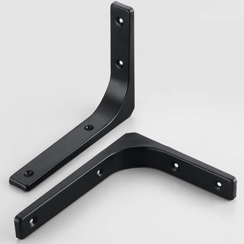 Rock Solid Metal L Floating Shelf Brackets In Matte Black for heavy-duty corner support, showing smooth edges and mounting holes.