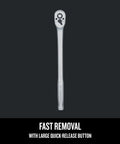 Pear Head Long Handle Ratchet 3/8 Inch Drive With 72-Tooth Arc Swing SAE Socket Tool Quick Release Button on black background
