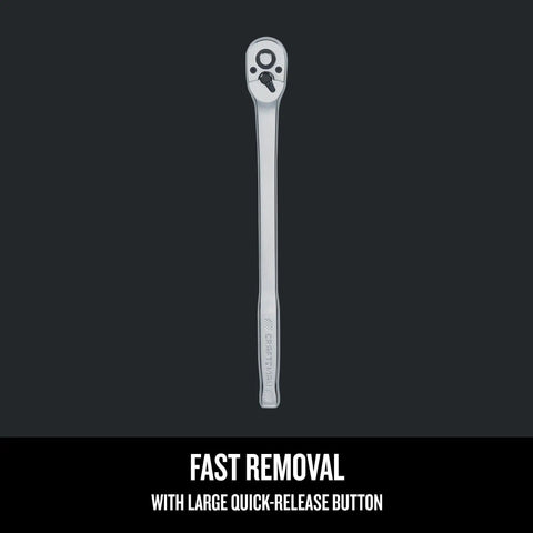 Pear Head Long Handle Ratchet 3/8 Inch Drive With 72-Tooth Arc Swing SAE Socket Tool Quick Release Button on black background