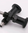Hassle Free Push Fit Ball Nose Spring Plunger Featuring M8x1 Heavy Duty Steel Build, retractable shaft, and twist knob detail.