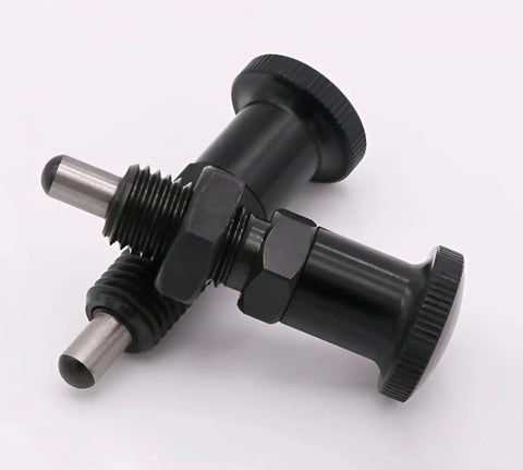 Hassle Free Push Fit Ball Nose Spring Plunger Featuring M8x1 Heavy Duty Steel Build, retractable shaft, and twist knob detail.