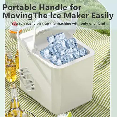 Top Tier Countertop Ice Maker, Self Cleaning Bullet Ice Machine Producing 12 Kg Daily, showing portable handle and ice cubes.