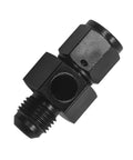 Black aluminum 6AN male flare to 6AN female swivel fuel line adapter with 1/8 NPT gauge port
