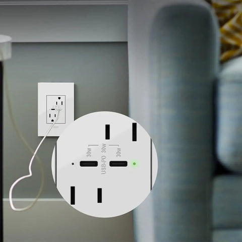 Installed Tamper Resistant 20 Amp USB Type C Outlet With Lightning Fast 30 Watt Power Delivery And Matching White Wall Plate