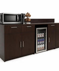 No Sweat Breakroom Cabinet With Mini Fridge Cutout And Three Spacious Drawers Fully Assembled Coffee Prep Station Setup Ready To Roll For Corporate Team Lounges with dark wood finish.