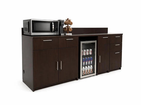 No Sweat Breakroom Cabinet With Mini Fridge Cutout And Three Spacious Drawers Fully Assembled Coffee Prep Station Setup Ready To Roll For Corporate Team Lounges with dark wood finish.