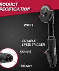 3 Inch Pneumatic Cut Off Tool With 18000 RPM For Metal Sheet Cutting, featuring wheel, variable speed trigger, and air inlet details
