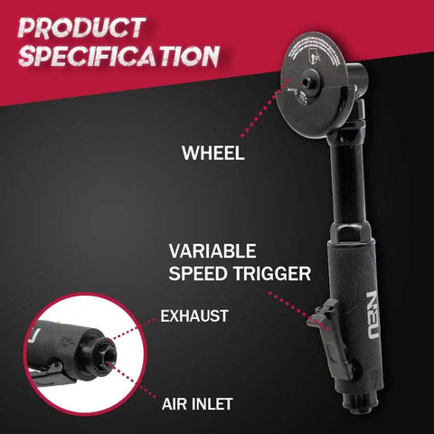 3 Inch Pneumatic Cut Off Tool With 18000 RPM For Metal Sheet Cutting, featuring wheel, variable speed trigger, and air inlet details