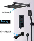 UMJIGF Led Digital Display Shower System Wall Mounted Concealed Shower Faucet Set Multifunction Matte Black Shower Combo Set with Shower Head, Handheld Shower, Tub Spout,16 Inch,12 Inch showing 12-inch shower head and 3-way control.