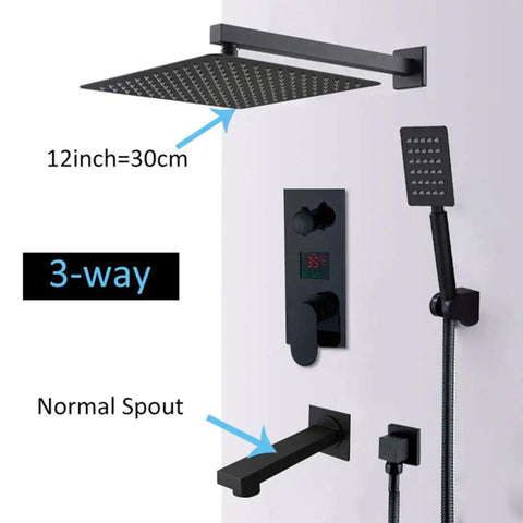 UMJIGF Led Digital Display Shower System Wall Mounted Concealed Shower Faucet Set Multifunction Matte Black Shower Combo Set with Shower Head, Handheld Shower, Tub Spout,16 Inch,12 Inch showing 12-inch shower head and 3-way control.