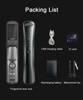 Packing list for Heavy Duty Smart Door Lock With HD Camera And Fingerprint Scanner, including USB cable and IC card.