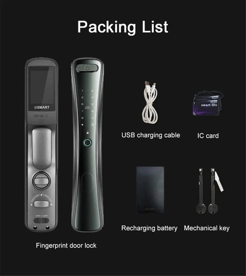 Packing list for Heavy Duty Smart Door Lock With HD Camera And Fingerprint Scanner, including USB cable and IC card.