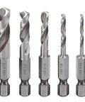 Pro Shop Ready 5 Piece Short Stubby Drill Bit Set Built Tough As Nails With Premium M2 Hss Steel and various sizes including 5/16, 1/4, 3/16, 1/8, 3/32.