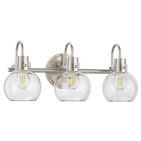 3 Bulb Brushed Nickel Wall Sconce With Clear Globe Glass Shade Totally Straight Fire Farmhouse Lighting Fixture For Bathroom Mirror And Kitchen E26 Socket Base Legit, showcasing clear glass shades and metal frame.