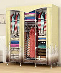 Solid Portable Bedroom Closet With Willow Wood Frame And Thick Non Woven Fabric Storage Organizer For Hanging Clothes And Quilts, with clothing in various colors.