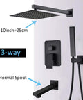 UMJIGF Shower System Wall Mounted Concealed Shower Faucet Set Multifunction Matte Black Shower Combo Set with Shower Head, Handheld Shower, Tub Spout,8 Inch,10 Inch showing 10-inch shower head and 3-way faucet.