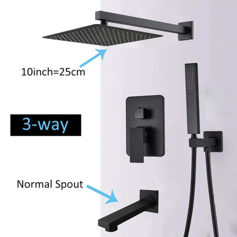 UMJIGF Shower System Wall Mounted Concealed Shower Faucet Set Multifunction Matte Black Shower Combo Set with Shower Head, Handheld Shower, Tub Spout,8 Inch,10 Inch showing 10-inch shower head and 3-way faucet.
