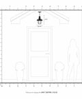 Monterey 1-Light Outdoor Hanging Lantern in Brushed Nickel installed on porch with scale dimensions shown.