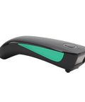 Wireless 1D Barcode Scanner Mini Handheld Pocket Reader with BT 2 4G 3 in 1 connection, side view, compact design, black and green