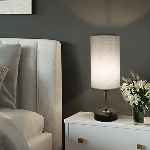 Three Way Touch Dimmable Bedside Lamp With USB Ports And One Outlet Gray Shade Bulb Included Ideal For Living Room Or Bedroom Modern Nightstand Light For Easy Tap Control