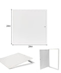 Dead Nuts Secure 24X24 Inch Flush Access Panel Door With Tough Galvanized Frame And Smooth Cam Latch shown open and closed.