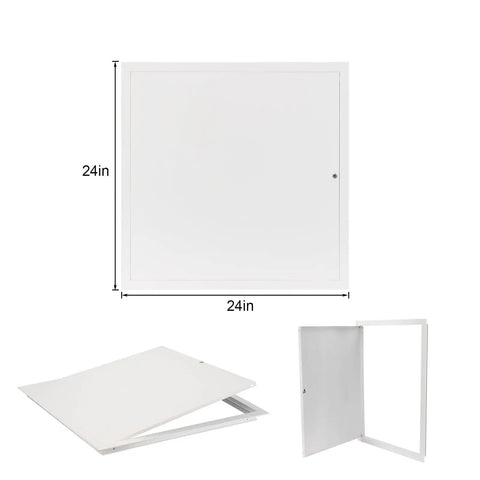 Dead Nuts Secure 24X24 Inch Flush Access Panel Door With Tough Galvanized Frame And Smooth Cam Latch shown open and closed.