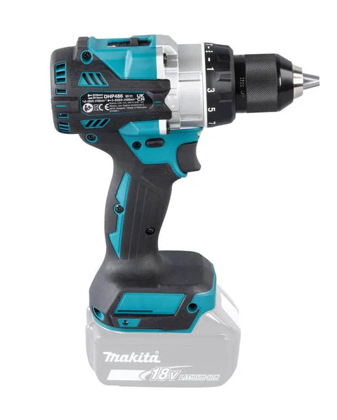 Top Shelf 18V Brushless Cordless Combi Drill Featuring Hammer Drilling 13Mm Chuck Two Speed Control And 21 Torque Settings side view with battery