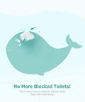 Illustration of teal whale with toilet paper on head, promoting Ultra Slim Bidet Attachment For Toilet With Dual Nozzles For Feminine And Posterior Wash No Electric Sprayer Adjustable Water Pressure Easy Install Bamboo And White Finish.