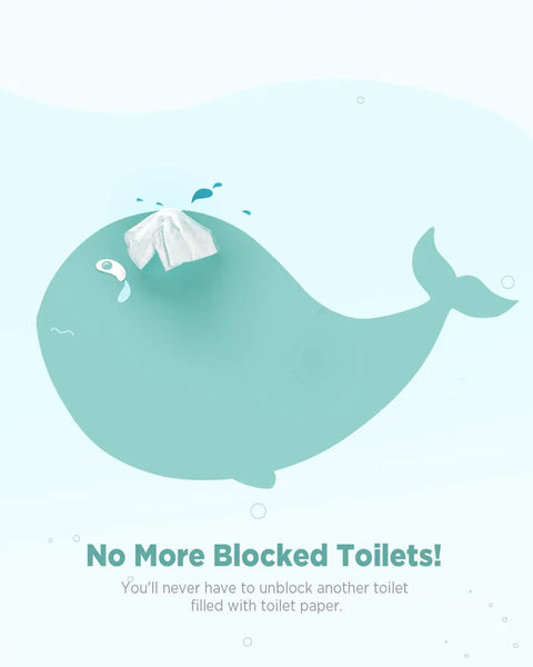 Illustration of teal whale with toilet paper on head, promoting Ultra Slim Bidet Attachment For Toilet With Dual Nozzles For Feminine And Posterior Wash No Electric Sprayer Adjustable Water Pressure Easy Install Bamboo And White Finish.