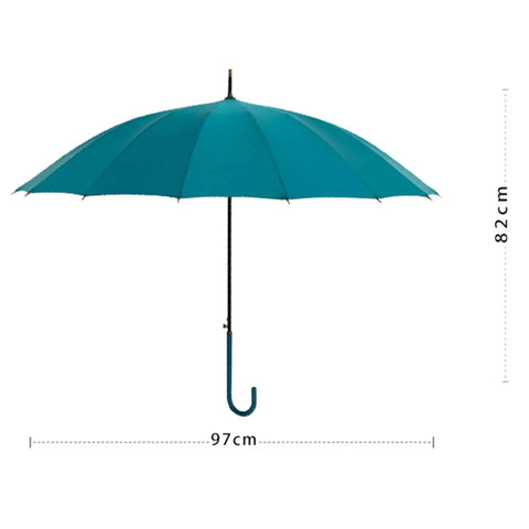 Windproof 38 Inch Long Handle Golf Umbrella With Auto Open 8 Ribs J Shape PU Leather Handle Cane Style Wide Coverage For Two People Durable Fiberglass Frame Great For Men And Women Red And Blue showing blue canopy and J-shaped handle