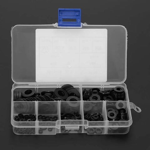 Versatile 350 Piece Rubber Washer Kit With M2 M2.5 M3 M4 M5 M6 M8 Sizes Black For Home Auto Plumbing DIY Use Cuts Friction Prevents Leaks Seals Gaskets And Spacers For All Your Quick Fix Projects. black rubber washers in a compartment box