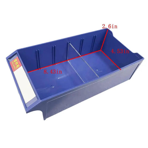 Plastic blue storage bin with measurements 8.43in x 4.53in x 2.6in for organizing small parts like nuts and bolts.
