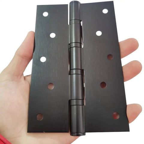 Rock Solid Heavy Duty Stainless Steel Ball Bearing Door Hinges 6 Inch Square Frame shown in hand, black finish with mounting holes.