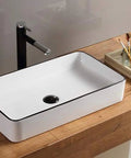 Ceramic Vessel Sink Above Counter Square Bathroom Basin 24 Inch By 14 Inch By 4 Inch With Popup Drain Modern Art Style Durable White Gloss Finish