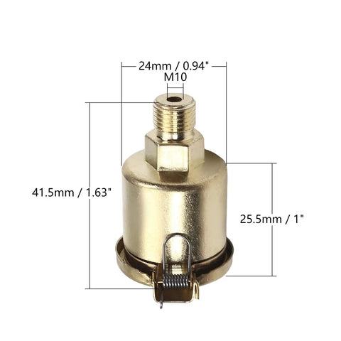 Front view of 2 Pack M10x1 6ml Oil Cup Cap For Lathe Machine Oil Dispenser Copper Plated On Iron Gold Tone with measurements