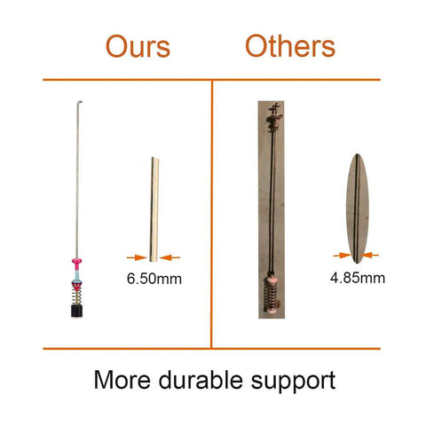 Comparison of Upgraded Washer Suspension Rods DC97-05280W and others, showing durability and dimensions 6.50mm vs 4.85mm