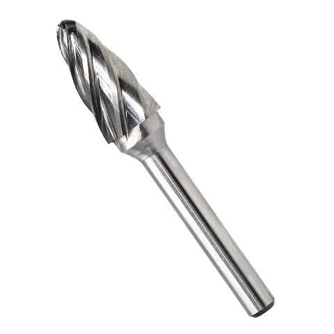 Five Piece Heavy Duty Carbide Rotary Burr File Set With One Quarter Inch Shank For Die Grinder Drill, close-up of carbide burr.