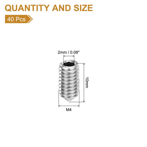 Top Shelf M4x10mm Grub Screws Set Contains 40 Pieces Of 304 Stainless Steel Cone Point Hex Socket Grubs size details in silver.